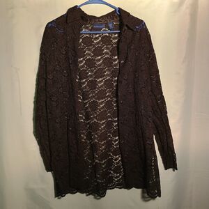 "Women's Sheer Black Lace Button-Up Blouse – Elegant Long Sleeve Top"